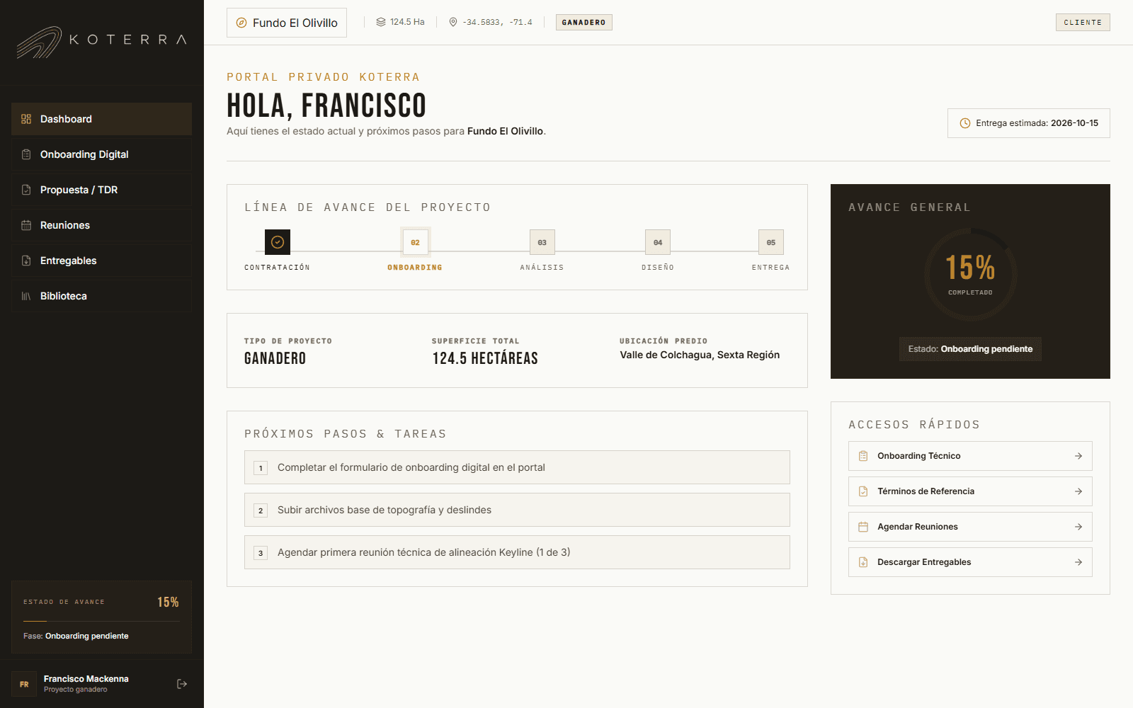 Dashboard del portal privado de clientes Koterra, con avance del proyecto, próximos pasos y accesos rápidos